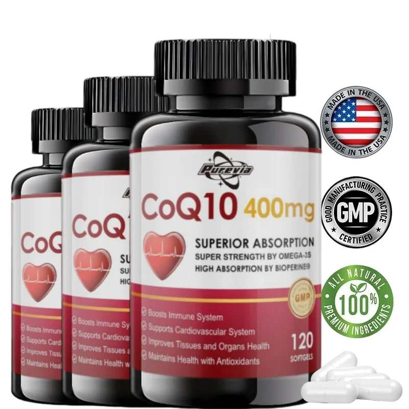 Purevia Coenzima Q10 - 400 mg - Cápsulas blandas Incluidas Pqq, bioperina y Omega-3, Suplemento Ubiquinona Coenzima Q10