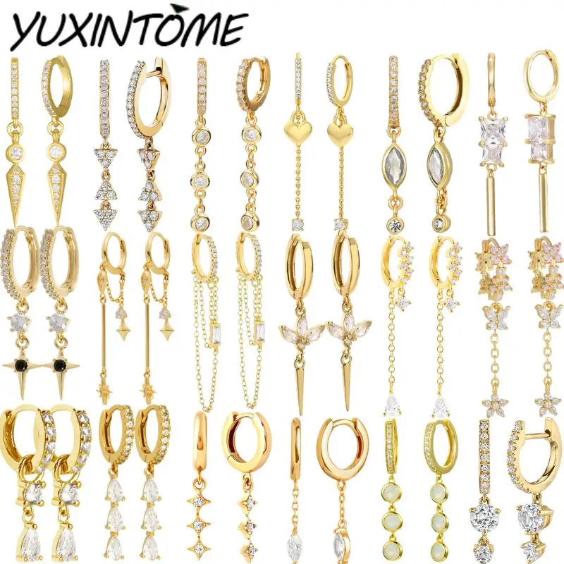 

YUXINTOME 925 Sterling Silver Ear Needle vertical Crystal zircon Pendant Chain Hoop Earrings for women Fashion Wedding Jewelry