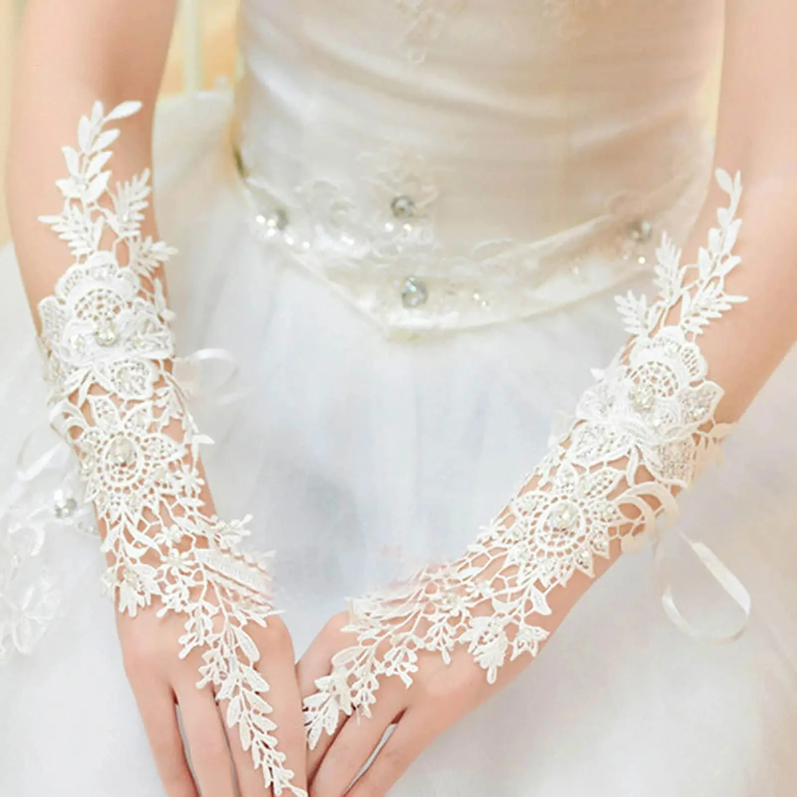 Girls  Fingerless Elbow Length Appliques Crystals Bridal Gloves  Wedding Accessories Novia Bridal Mittens