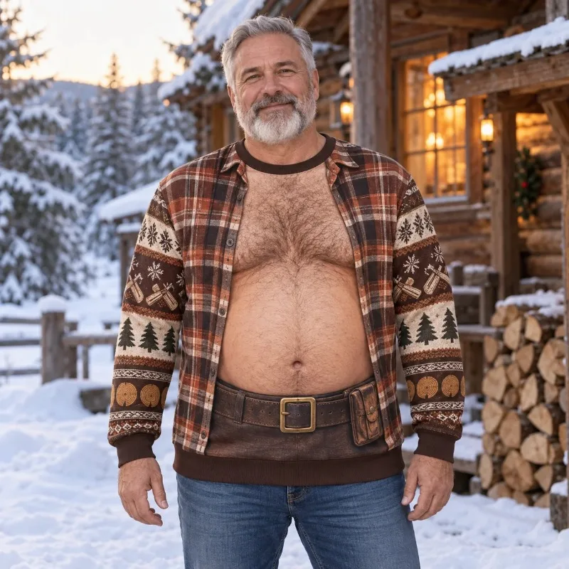 Lumberjack Dad Bod Illusion 3D Print Men Crewneck Long Sleeve Top Funny Winter Xmas Holiday Party Novelty Graphic Pullover Tee