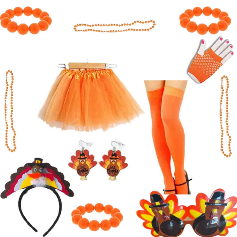 PESENAR Thanksgiving Turkey Costumes Set Includes Turkey Trot Tutus Turkey Headband Socks Gloves Glasses Necklace Bracelet