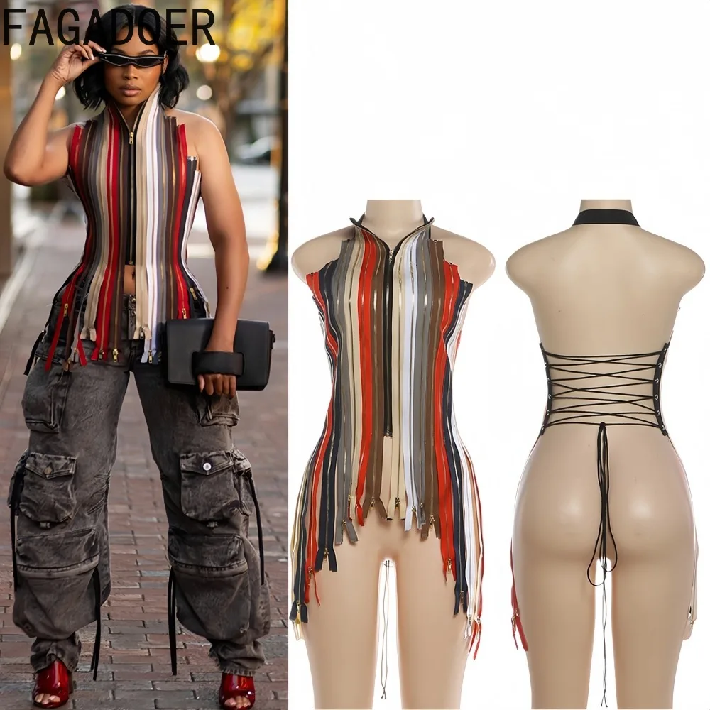 

FAGADOER Sexy Color Block Bodycon T-shirt for Woman Sleeveless Backless Zipper Patchwork Tshirt Female Streetwear Clothing New