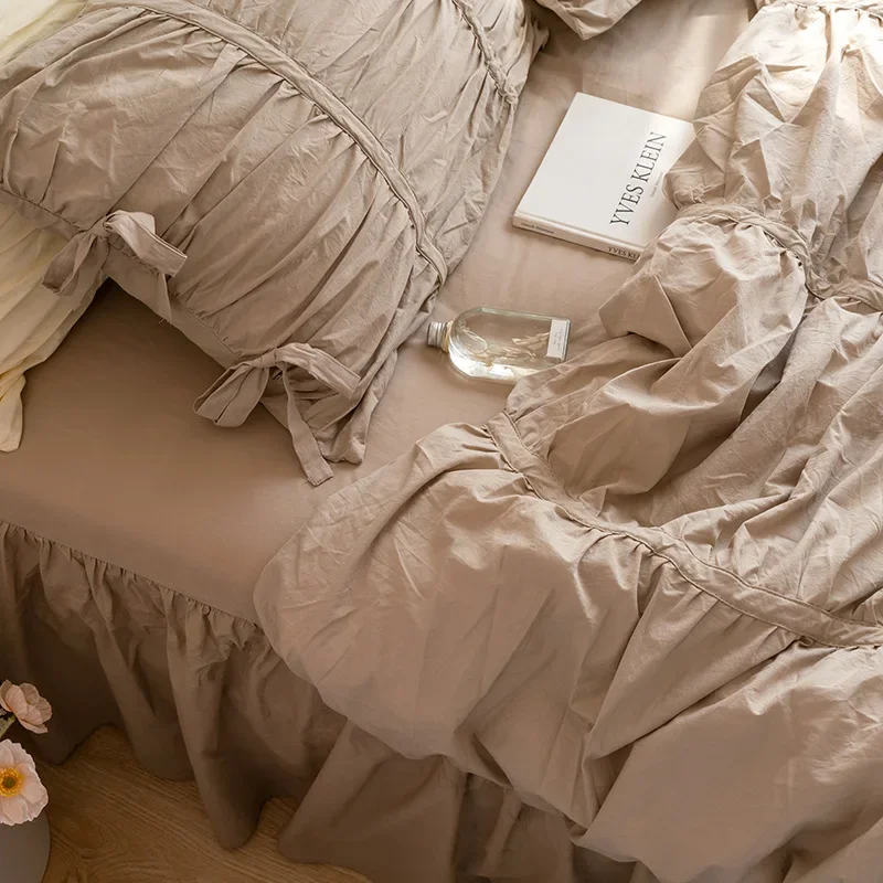 100% Cotton Washed Ruffle Bedding Set White Duvet Cover Set Queen King Size With Bow Ties Ultra Soft Breathable 4Pcs Bedclothes