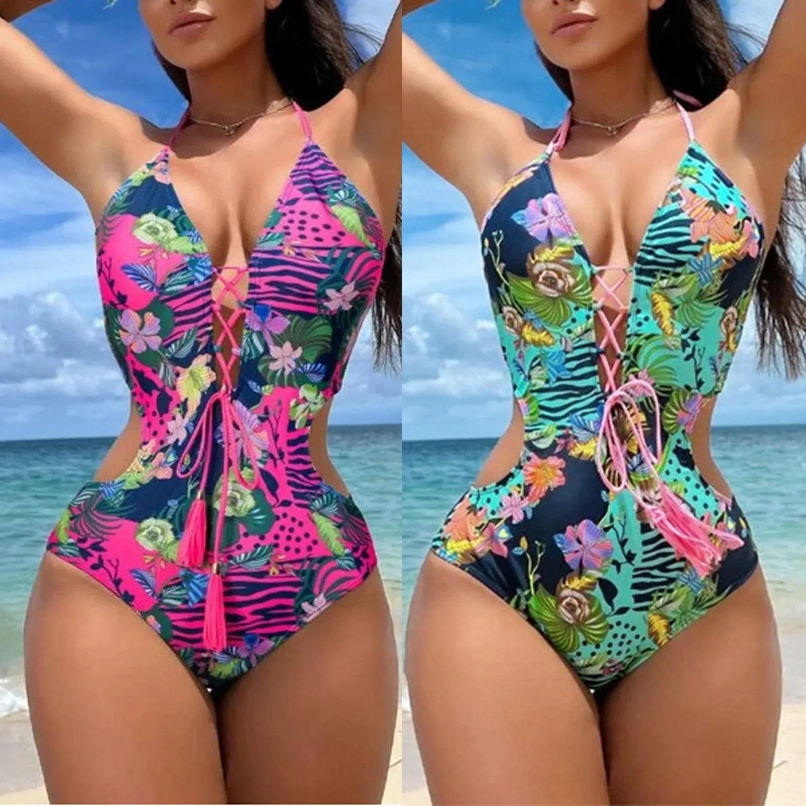 

High Waisted Bikini Sets For Women One Piece Swimsuit Crisscross Strappy Tassel Closure Waist Leaky Back Buckle Bikini Sexy