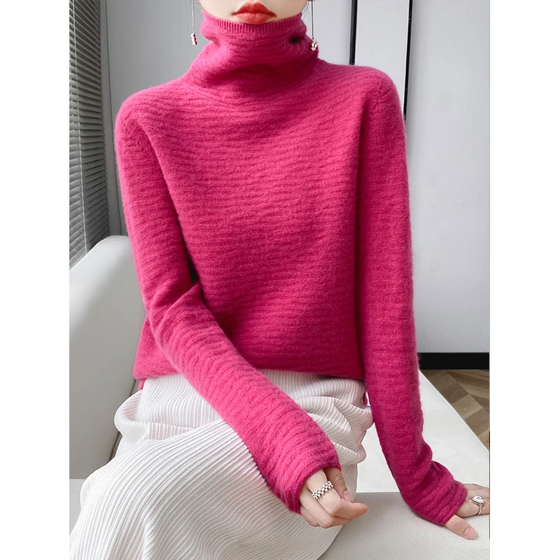 Fall/winter women's 100% merino sweater turtleneck pullover loose knit bottoming shirt long sleeve padded cashmere top