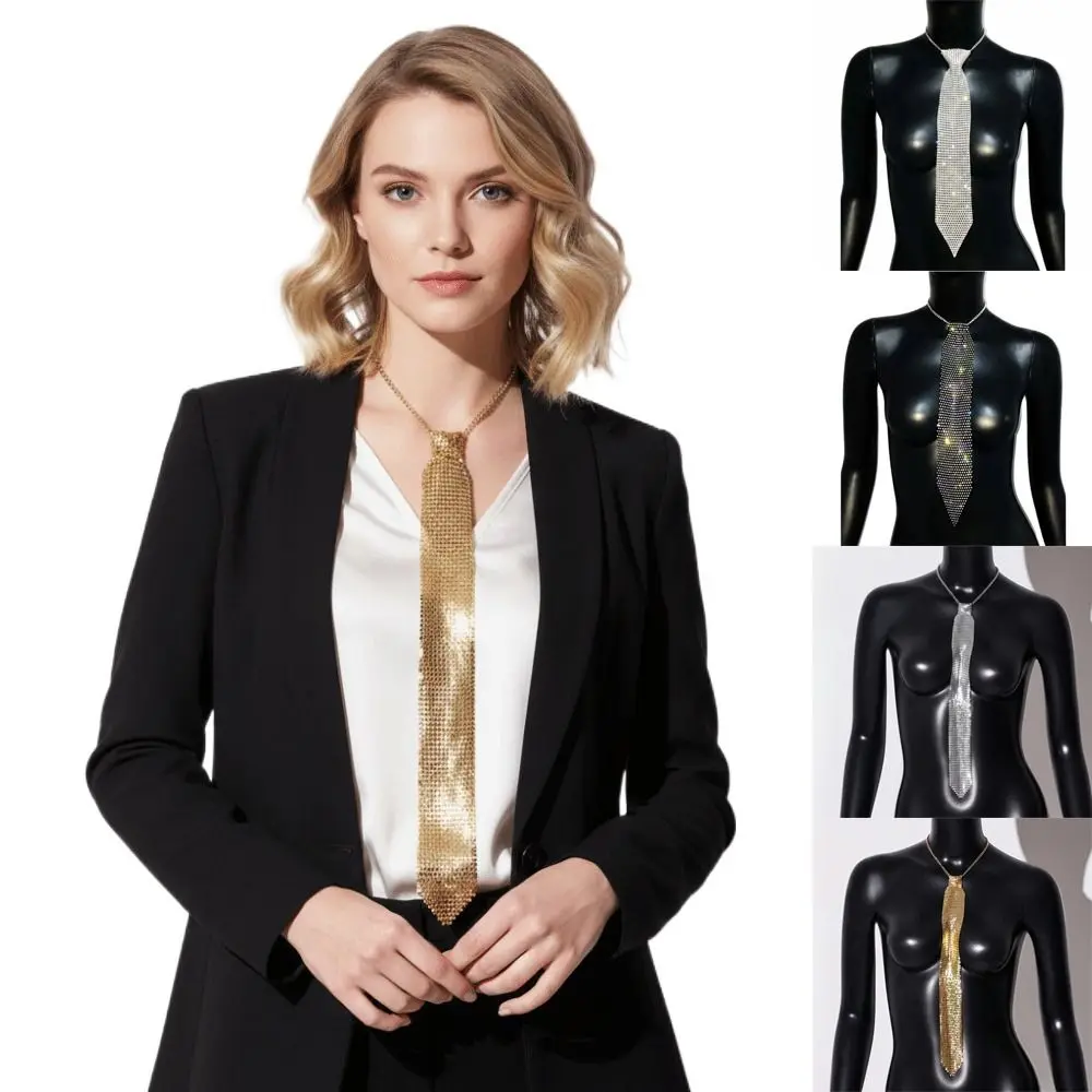

Glamorous Adjustable Crystal Rhinestone Neck Tie Shiny Surface Soft Metal Sequin Necktie Glitter Cravat Wedding Banquet