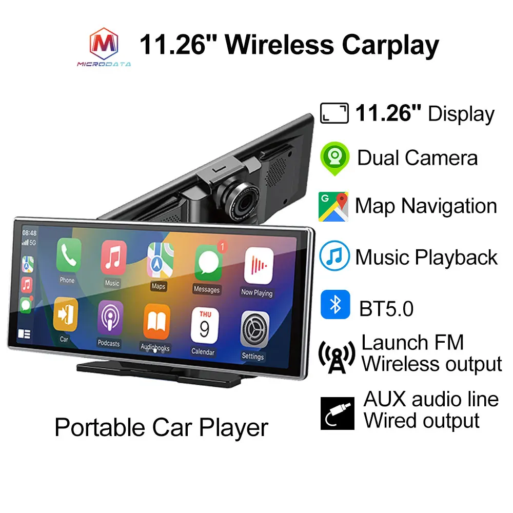 2025 Universal 11.26'' Carplay, Navigation par cartes, Écran tactile HD 1920*720, DVR 4K Carplay sans fil, Lecteur de voiture à double caméra