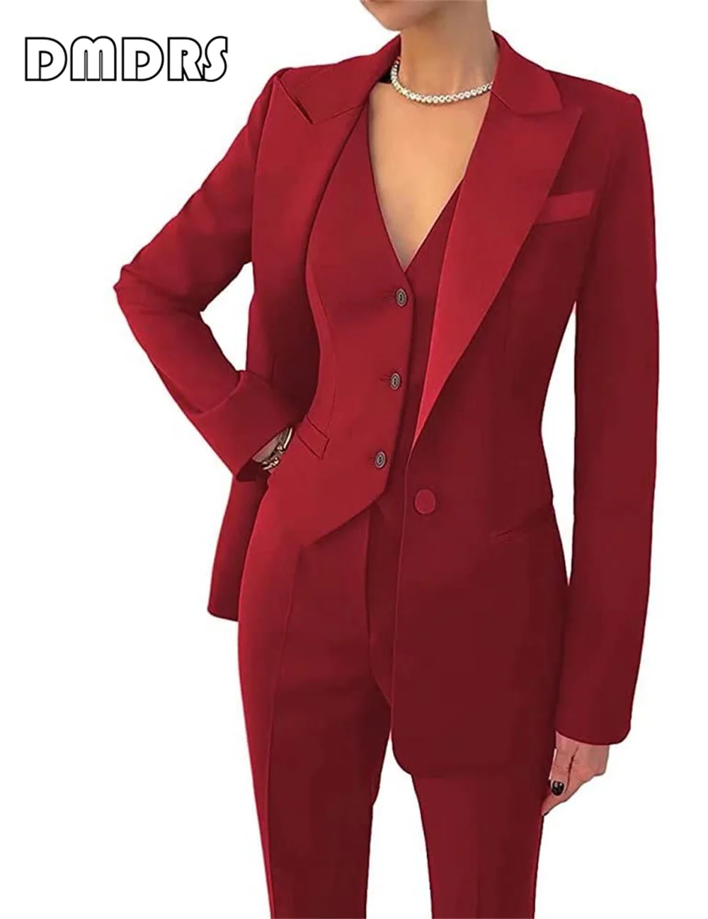 Sólido fino encaixe feminino terno conjunto 3 peças um botão blazer colete calças conjunto plus size smoking formal com bolso