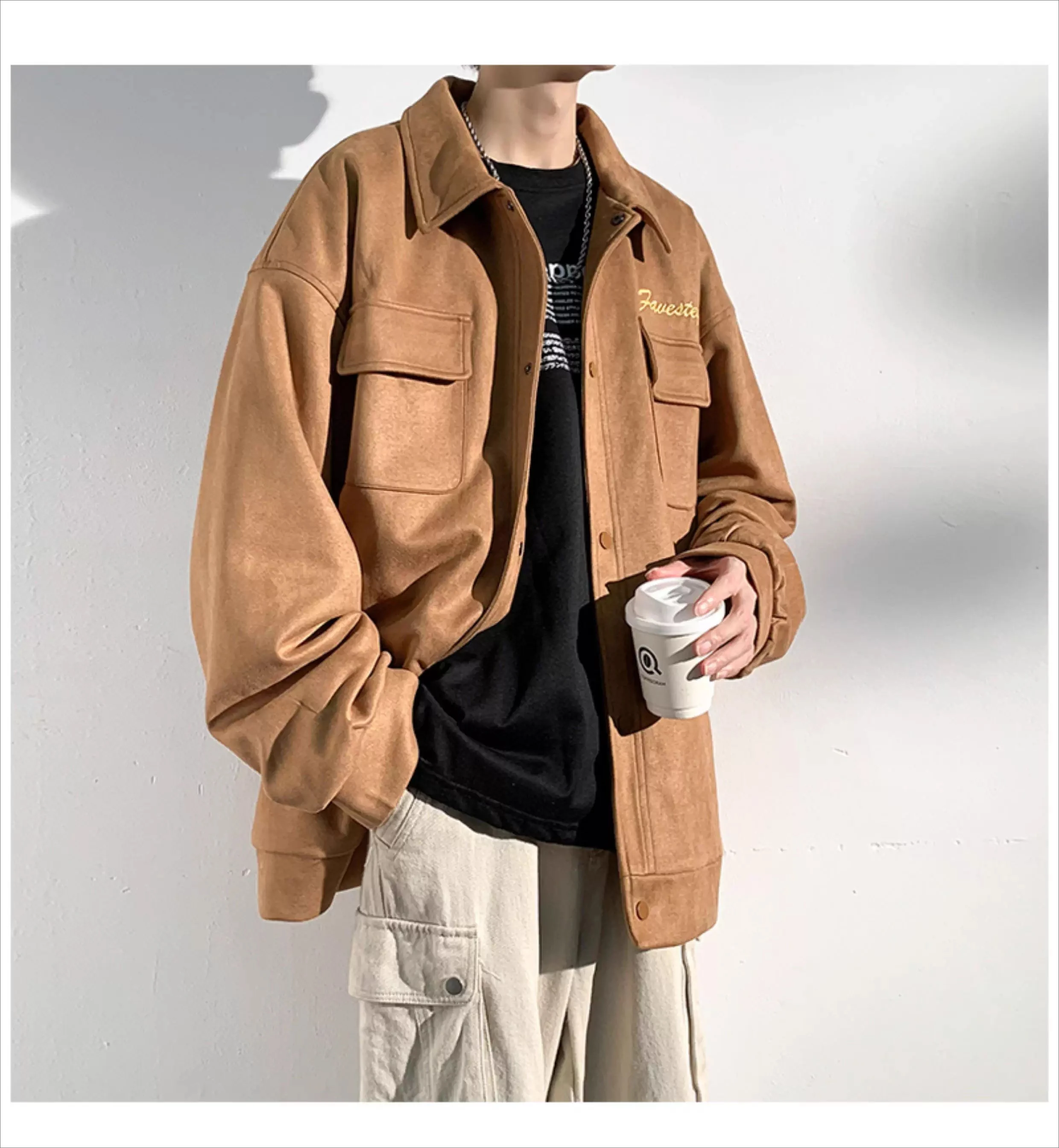 2025 Spring and Autumn New Black Suede Workwear Jacket Men's Casual Loose Coffee Color Apricot Color Open Button Jacket