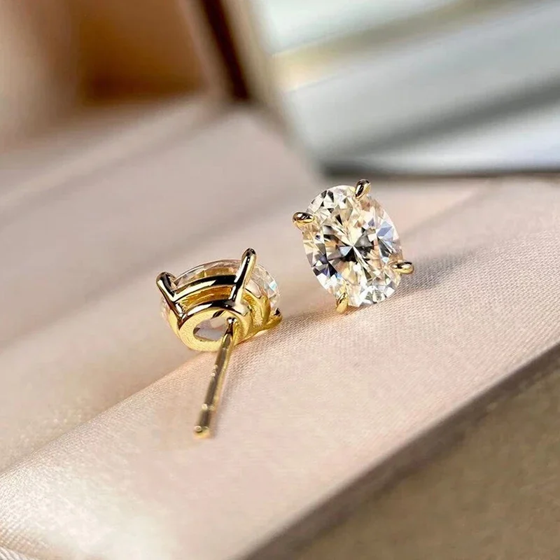 Women's Gold Color Sparkling Oval CZ Stud Earrings