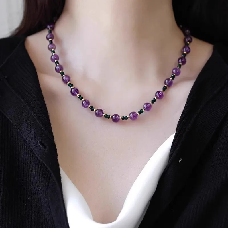 

Minar Exquisite Purple Crystal Natural Stone Beads Strand Beaded Necklace for Women Wholesale Gold Plating Sweater Chain Chokers