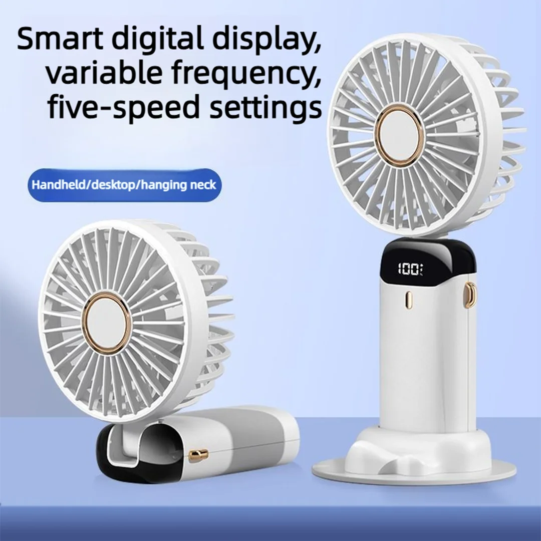 

5 Speed Portable Handheld Mini Fan Foldable Neck Hanging Fans USB Rechargeable Fan with Phone Stand and Display Screen