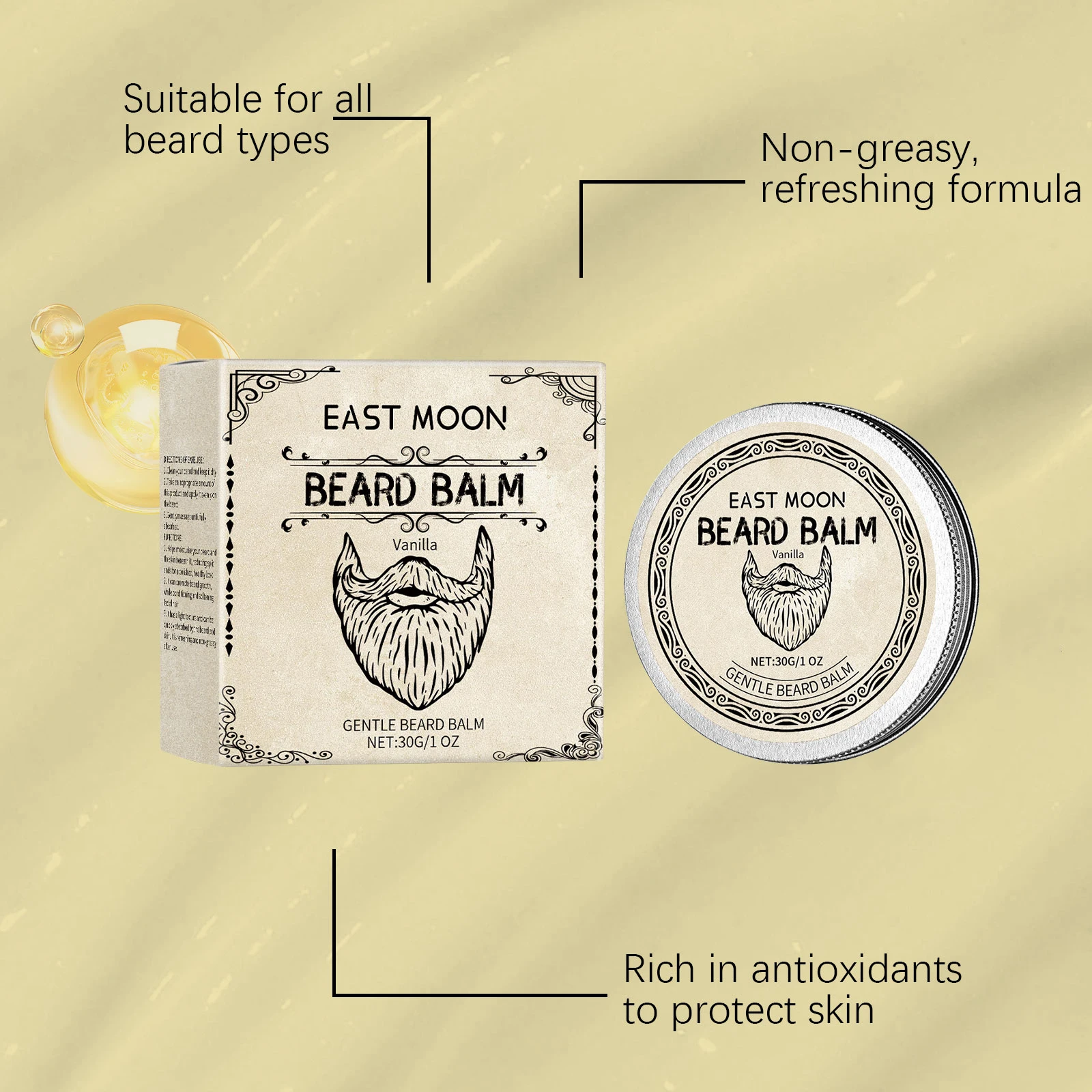 بلسم اللحية من إيست مون فانيليا، ترطيب عميق يقلل من نهايات الانقسام ويعزز النمو، نسيج خفيف الوزن، تليين العناية باللحية، الجمال