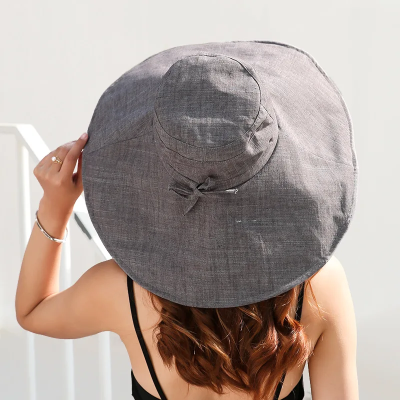 Summer 18cm Oversized Wide Brim Sun Hats Women Uv Protection UPF 50+ Sunshade Beach Hat Cotton Linen Foldable Bucket Hat Panama