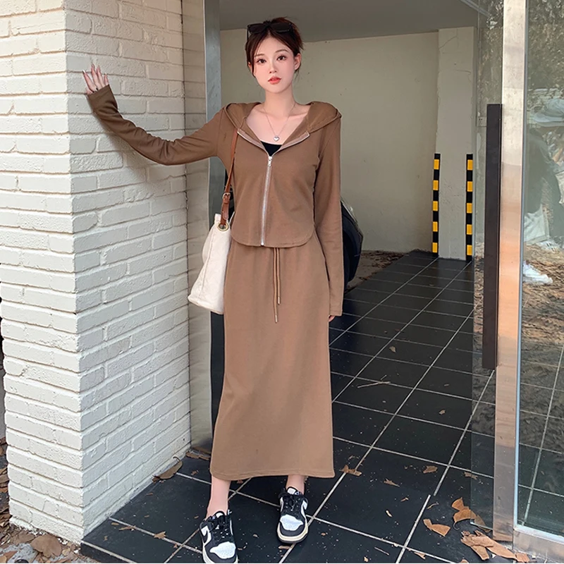 

Elegant Cotton Two-piece Set For Women Hooded Jacket Top And Hight Waist Skirt Large Size Female Autumn Winter Black Coffee Suit