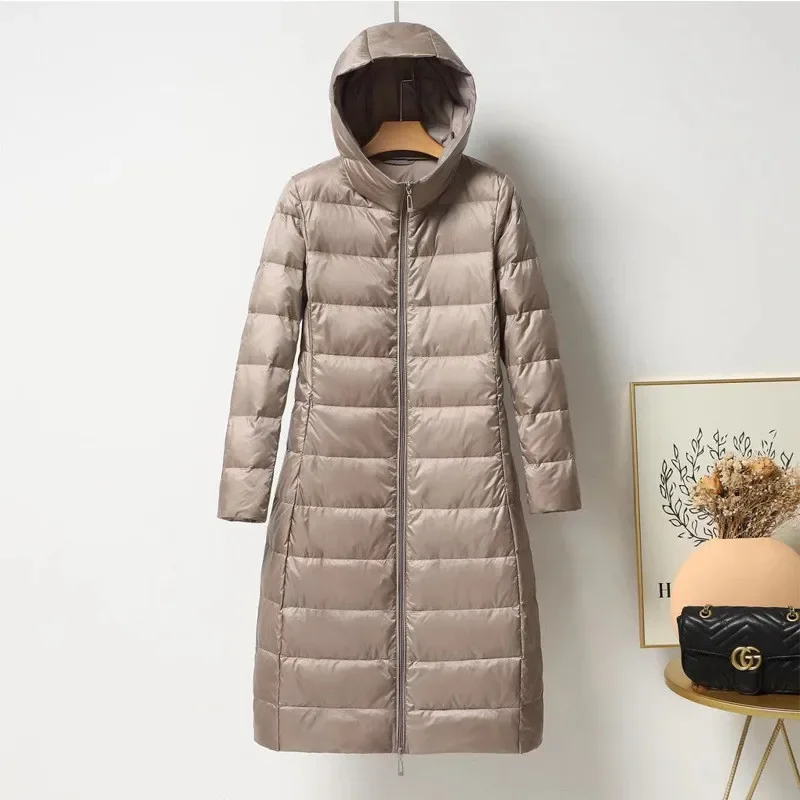 2022 Autumn Winter Women Hooded Down Jacket Light Thin White Duck Down Coat Parkas Female Long Warm Puffer Bigsize Outerwears