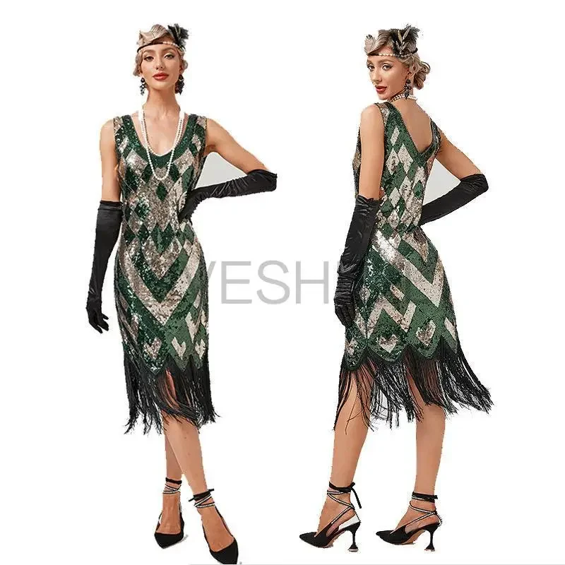 Women 1920s Vintage Vestidos Big V-Neck Flapper Fringe Beaded Great Robe Gatsby Party Cocktail Charleston Dress Plus Size S-3XL