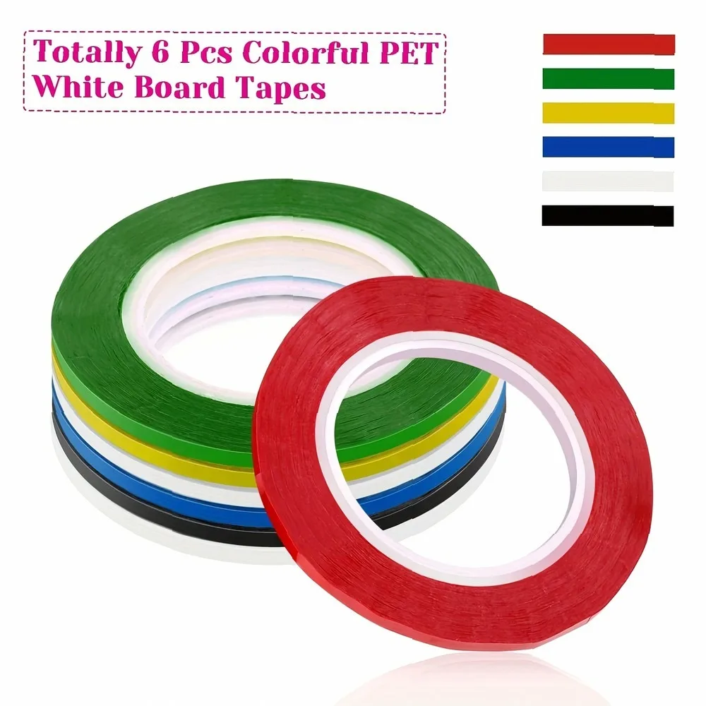 Whiteboard Tape 6 Rolls, Thin Whiteboard Tape, Erasable Art Tape with Line Pattern, Colorful Adhesive Tape for Graphs