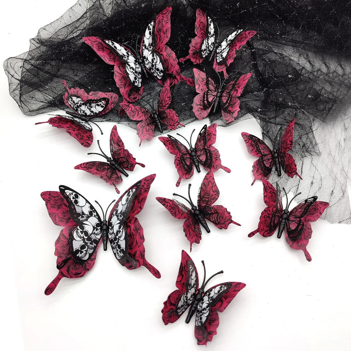 12 Uds. De esqueleto de doble capa de estilo gótico, mariposa rosa, decoración de pared 3D plegable para Halloween, elemento de terror, adorno para habitación de fiesta