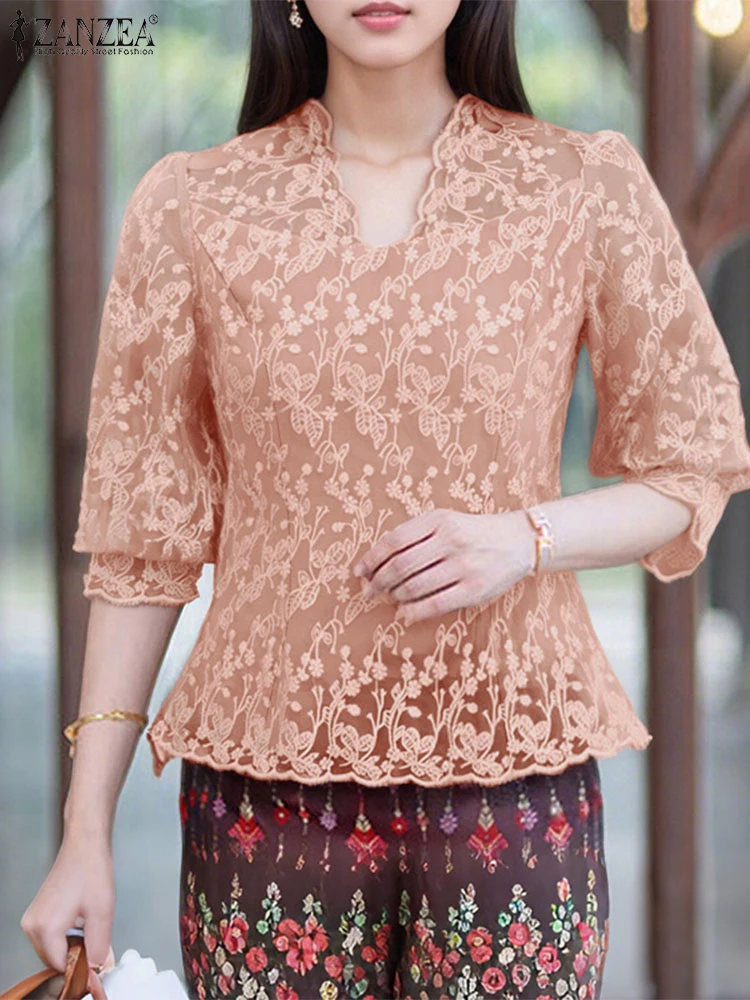 ZANZEA Moda Donna Scollo a V Mezza Manica Top da lavoro 2025 Camicia estiva in pizzo all'uncinetto Camicette ricamate casual Blusas eleganti per feste