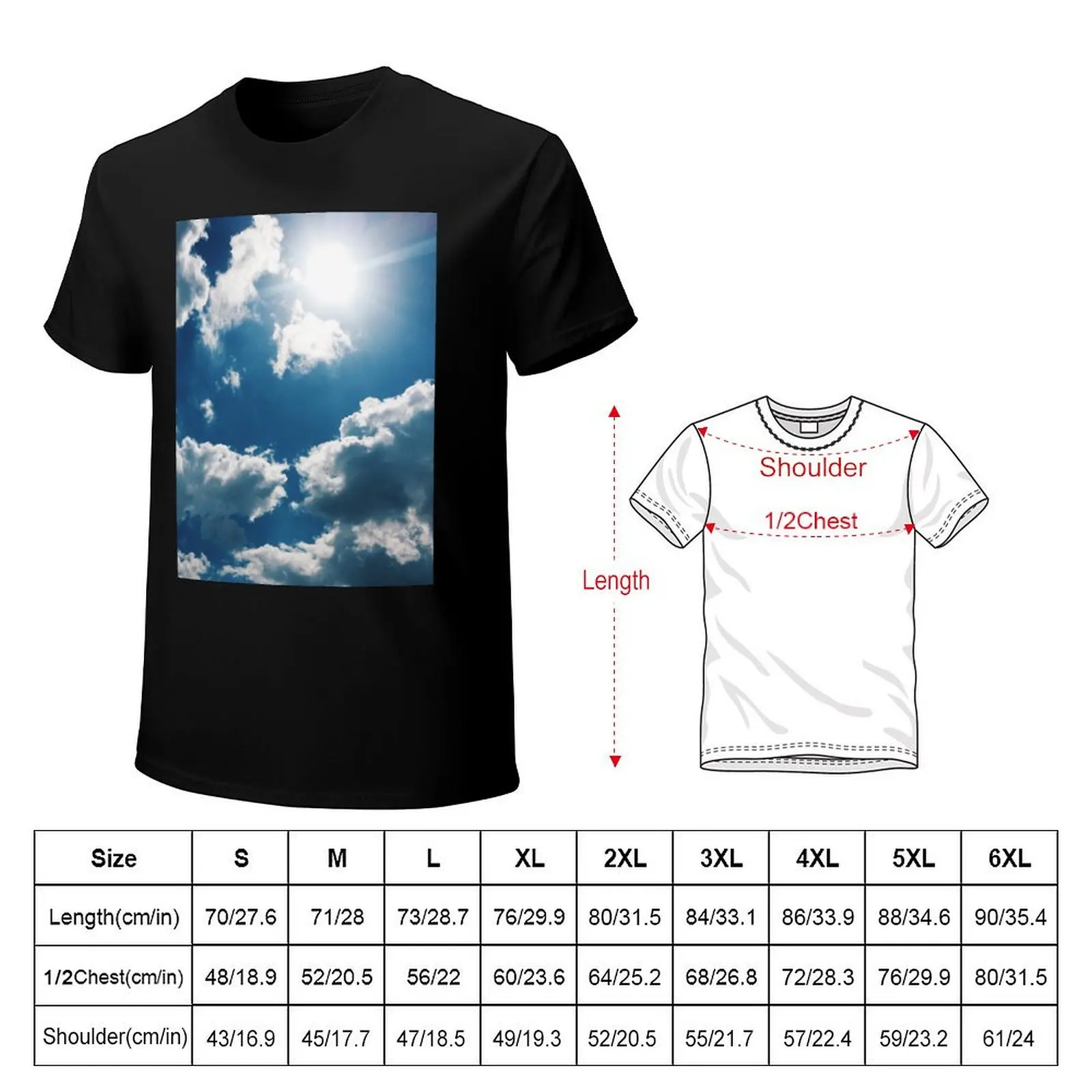 Blue sky with clouds and sunshine T-Shirt Casual Fashion Short Sleeve Cotton T-Shirt