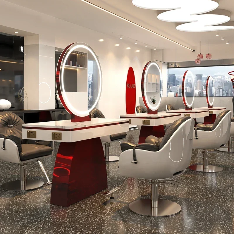 

Новый мраморный зеркальный стол для парикмахерской, двустороннее зеркало для волос из нержавеющей стали, стол для завивки и окрашивания волос со светом