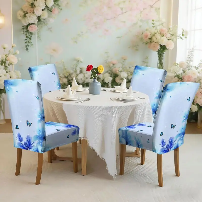 

Набор чехлов для обеденных стульев с плоским принтом, эластичные, с синим цветочным узором, бабочками и звездами, легко устанавливаются, можно стирать.