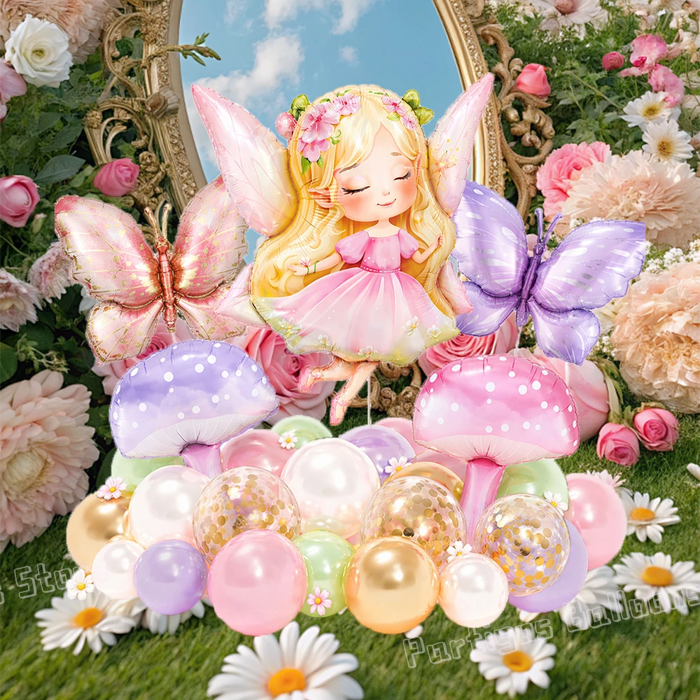 21/24-teiliges Perlmutt-Lila-Rosa Ballonset mit Schmetterling- und Pilz-Folienballons für Babyparty, Prinzessinnen-Geburtstag, Frühlings-Feenparty-Zubehör – Detail 5