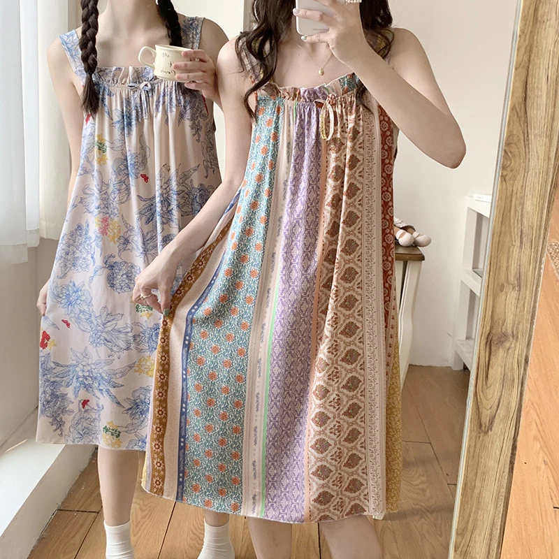 Wide-Strap Nightgown Women, Summer Pajamas For Students, New Home Wear, Sweet Little Girl'S Cotton Silk Dress