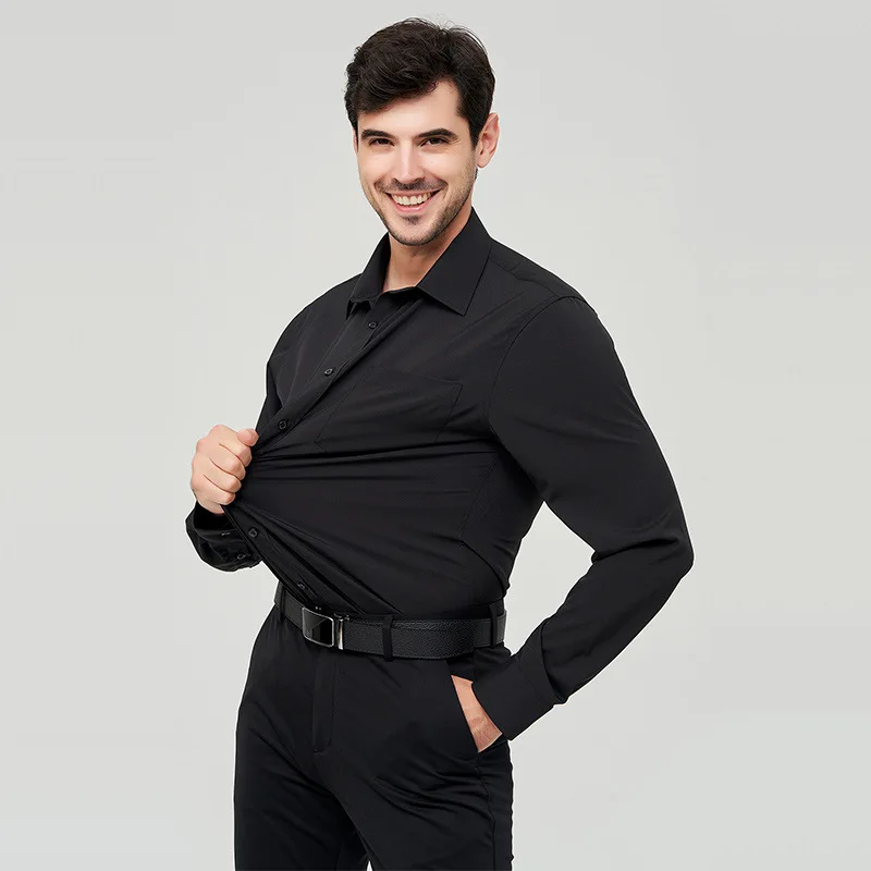 Camisa masculina solta elástica de negócios, manga comprida, tamanho grande, sólida de 15 cores, camiseta casual, Europa 115kg, primavera e outono