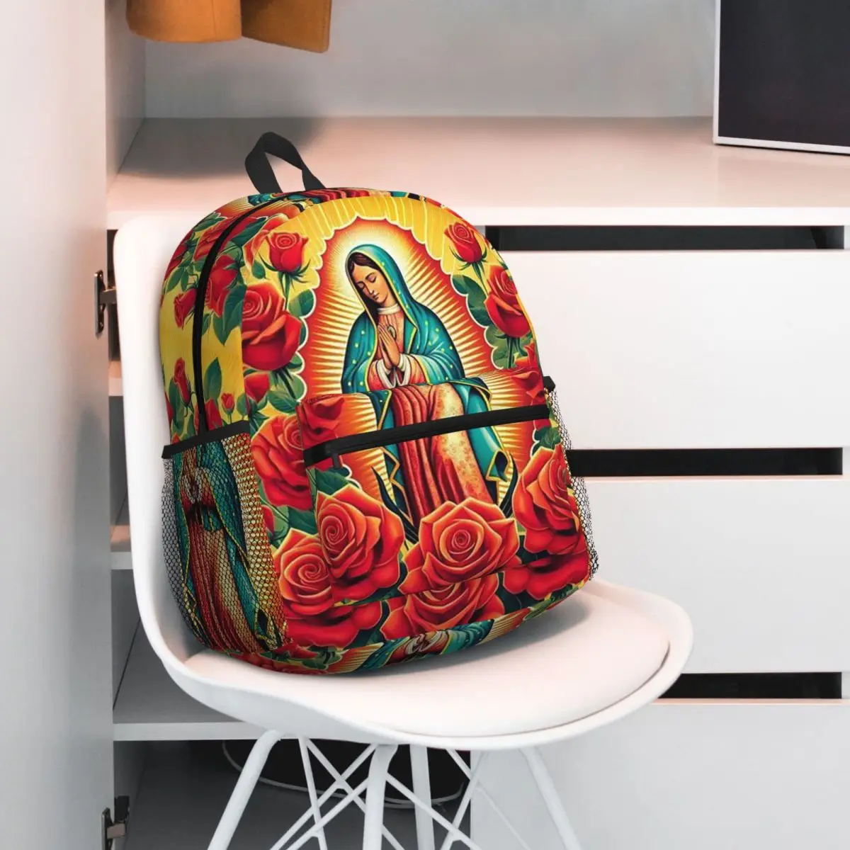 Featuring The Virgin Mary Of Guadalupe Complete With A Glowing Halo And Colorful Roses Backpack Student BookBag Kids School Bag
