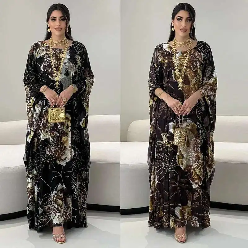 

Mq195 Modest Platform Hot Selling New Style Fashionable Printed Large Flower Hot Stamping Chiffon Dress Islam Elegant