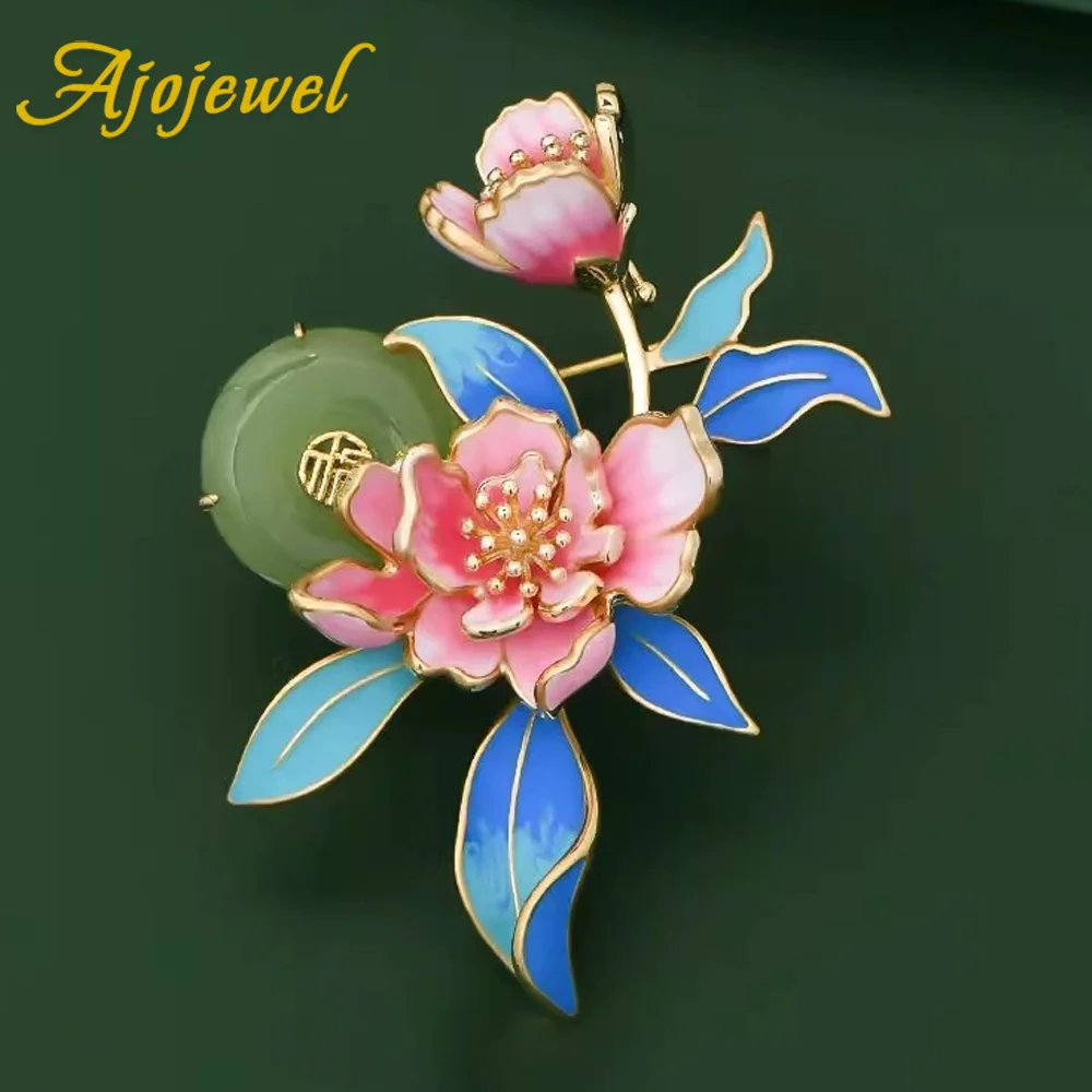 

Ajojewel Women's Stylish Chinese Peony Cloth Brooch Enamel Flower Corsage Pin With Artificial Jade Luxury Gift