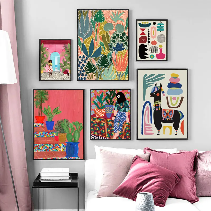 

Modern Bohemian Style Wall Art Collection Abstract Plants Figures Geometric Patterns Colorful Canvas Prints for Home Decor