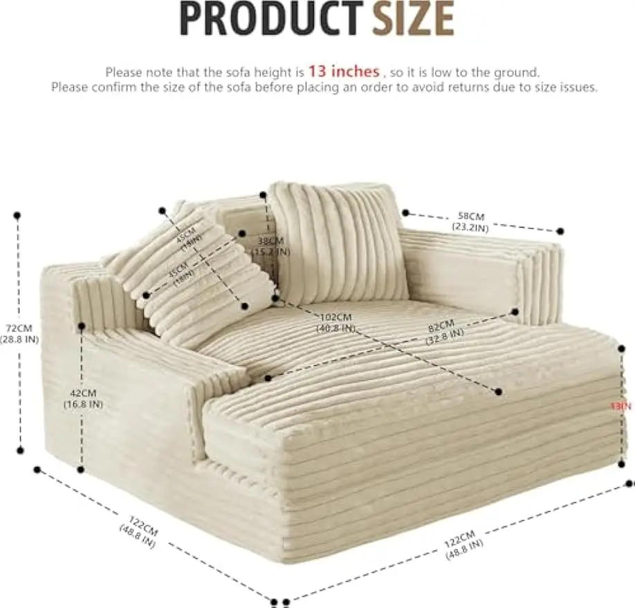 Chaise Lounge Chair, Oversized Chaise Lounge Sofa Upholstered Soft Short Plush Couch w/ 2 Throw Pillows, Easy to Install