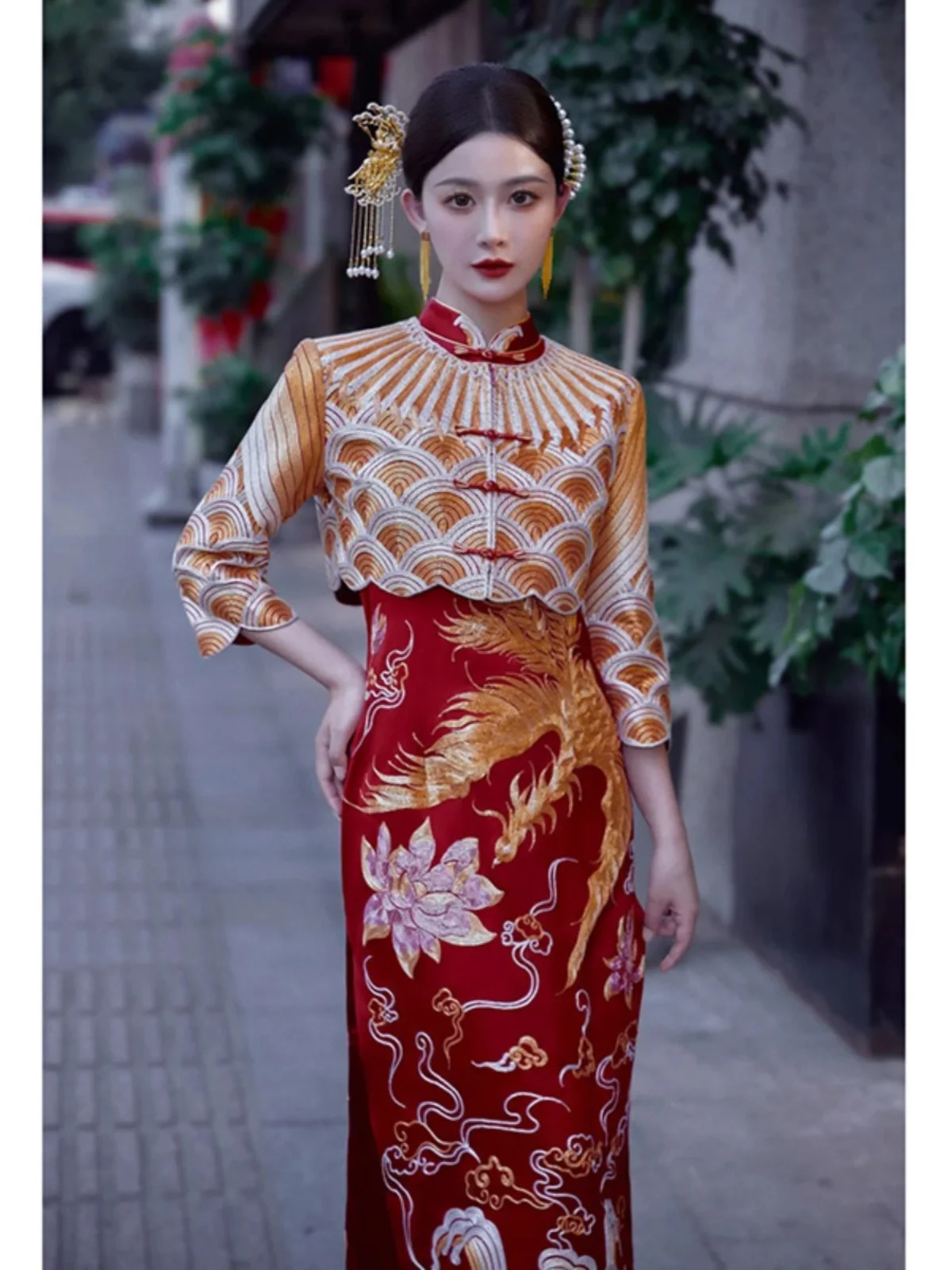 

Новый китайский свадебный костюм для церемонии, для молодоженов, для тостов, бренд Qinyan Ge, полиэстер