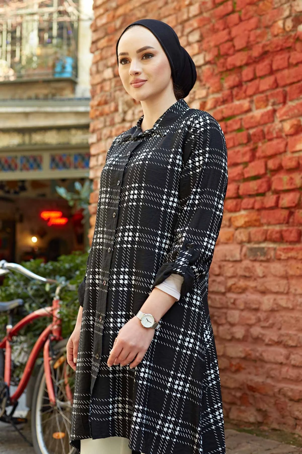 Patterned Asymmetrical Cut Shirt TH-Black Winter Autumn 2021 Muslim Women Hijab headscarf Islamic Turkey