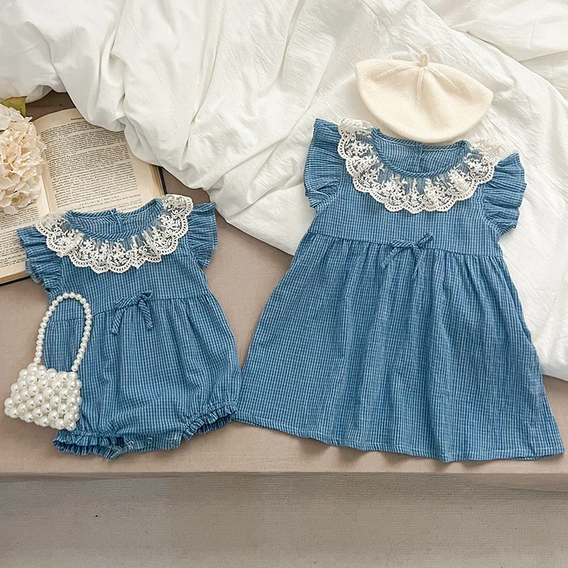 Sister Dress Baby Clothes Summer Baby Girl Clothes Blue Plaid Dress Lace Collar Baby Girl Romper One Piece Sister Clothes Dress