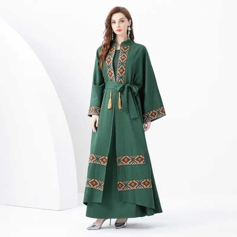 Resort Court Embroidery Tassel Horn Sleeve Vintage Long Gown Smock Dress Two-piece Set