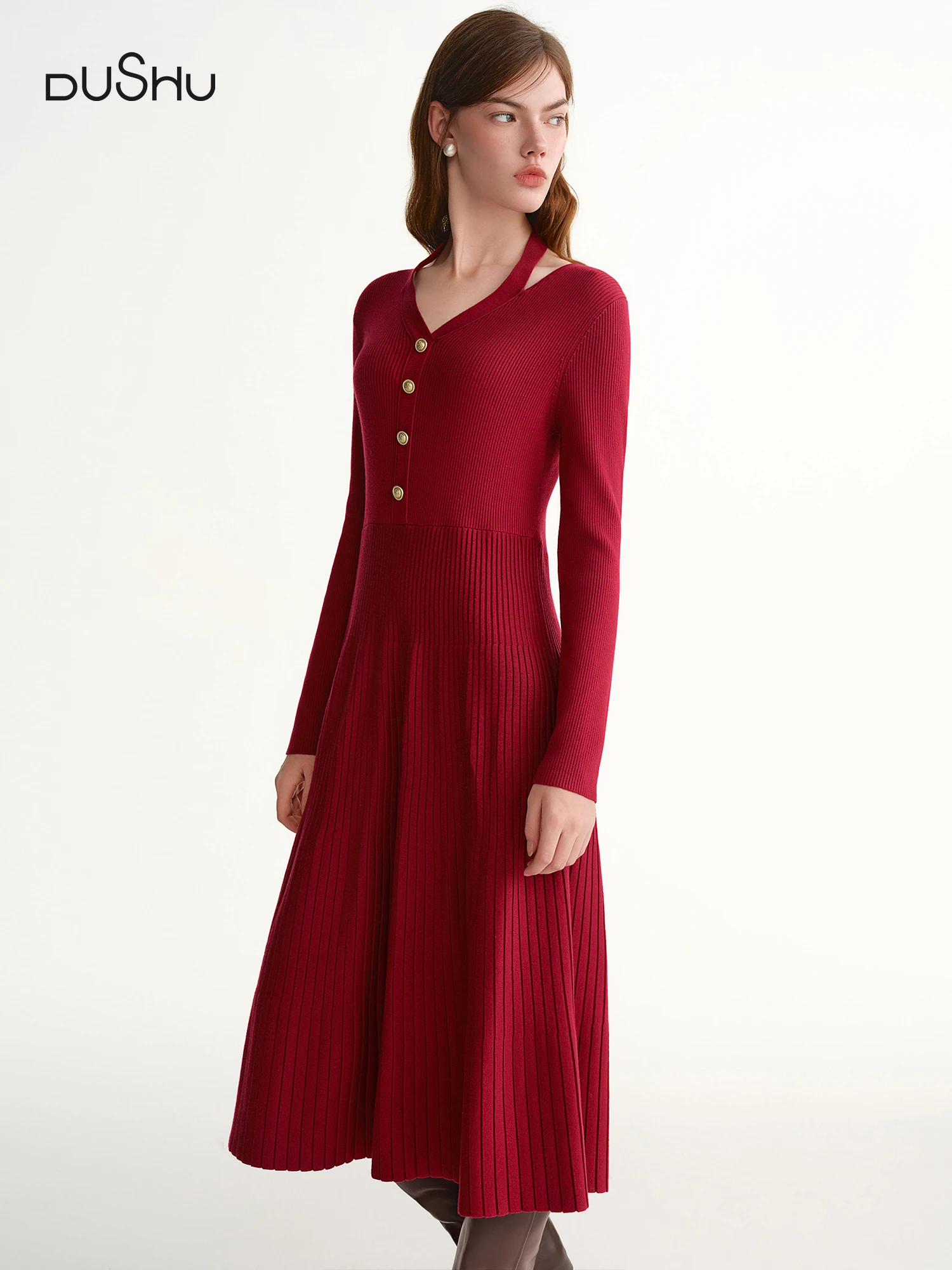 

DUSHU Вязаное платье больших размеров с бретелькой на шее и v-образным вырезом, женское утягивающее платье миди длиной осени и зимы, новогодняя красная уличная одежда для поездок на работу