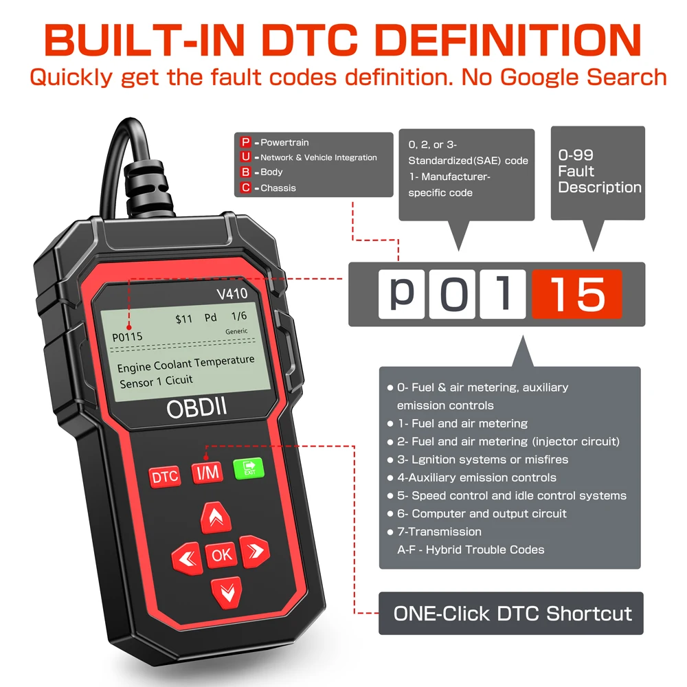 V410 Car OBD2 Scanner Diagnostic Tools OBDII EOBD Read/Clear Fault Code Code Reader Engine System Detection