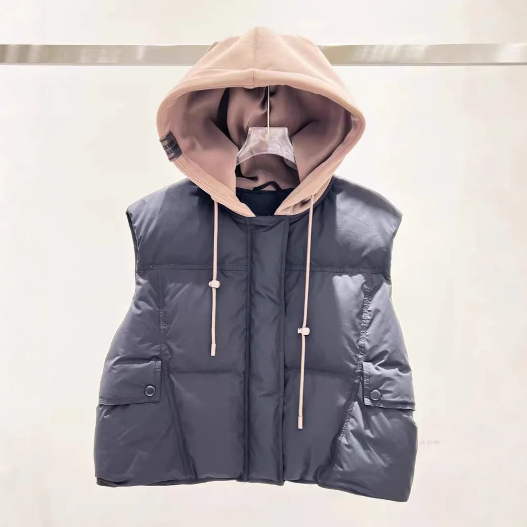 2026 Otoño Invierno Patchwork con capucha Puff chaleco femenino cremallera cordón acolchado chaleco mujeres pato blanco abajo chalecos cálidos