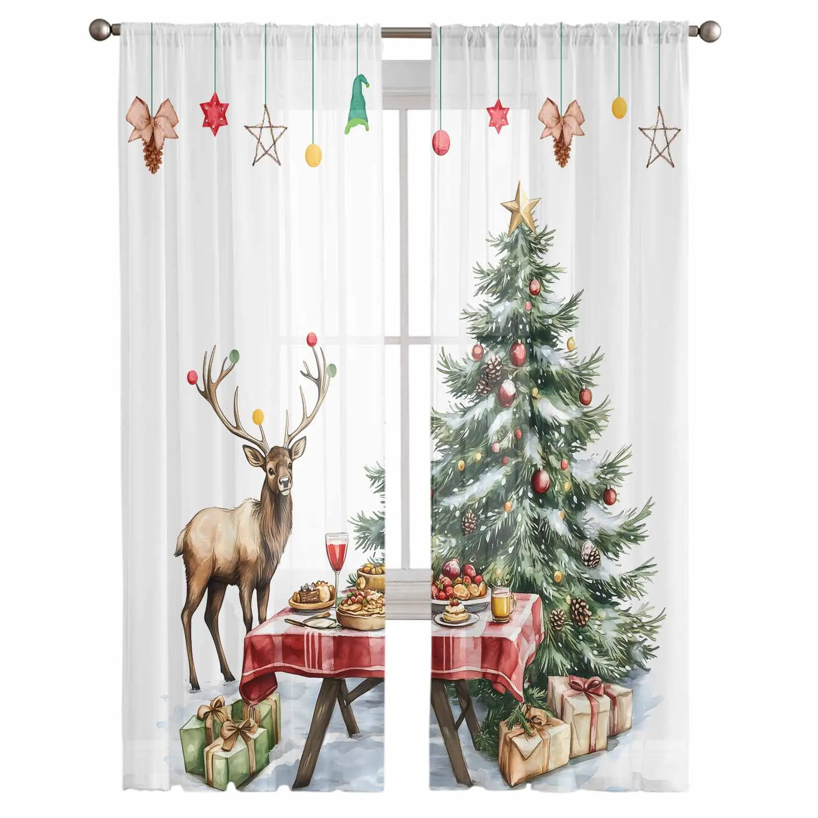 Christmas Reindeer Gift Tulle Curtains for Living Room Decoration Modern Chiffon Sheer Voile Christmas Curtains