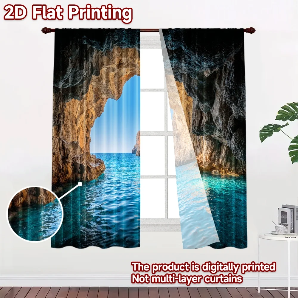 2D flat 2pcs Curtain Retro Country Style Sea Cave View Durable polyester fiber Birthday Party for Indoor Celebrations Studio