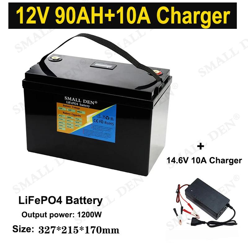 Lifepo4 12V 90Ah Battery Pack 4S 12.8V 90000mAh with 100A BMS 1200W Solar Storage RV Marine 12V Power Supply Display+10A Charger