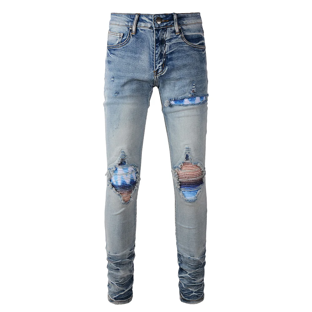 

Men's Cracked Patch Denim Jeans Streetwear Skinny Tapered Stretch Pants Holes Ripped Distressed Blue Biker Trousers