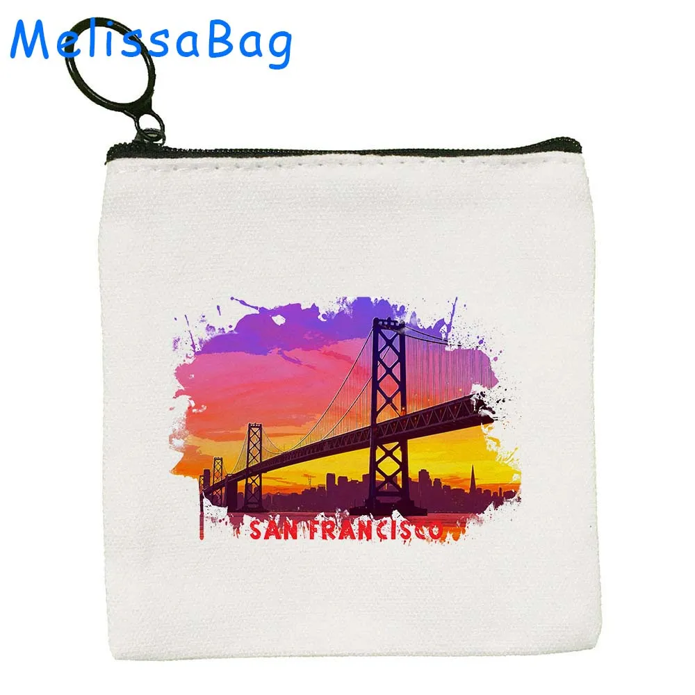 San Francisco Golden Gate Bridge United States Watercolor Ink Oil Paintings Canvas Coin Purse Key Case Bags Wallet Zipper Pouch