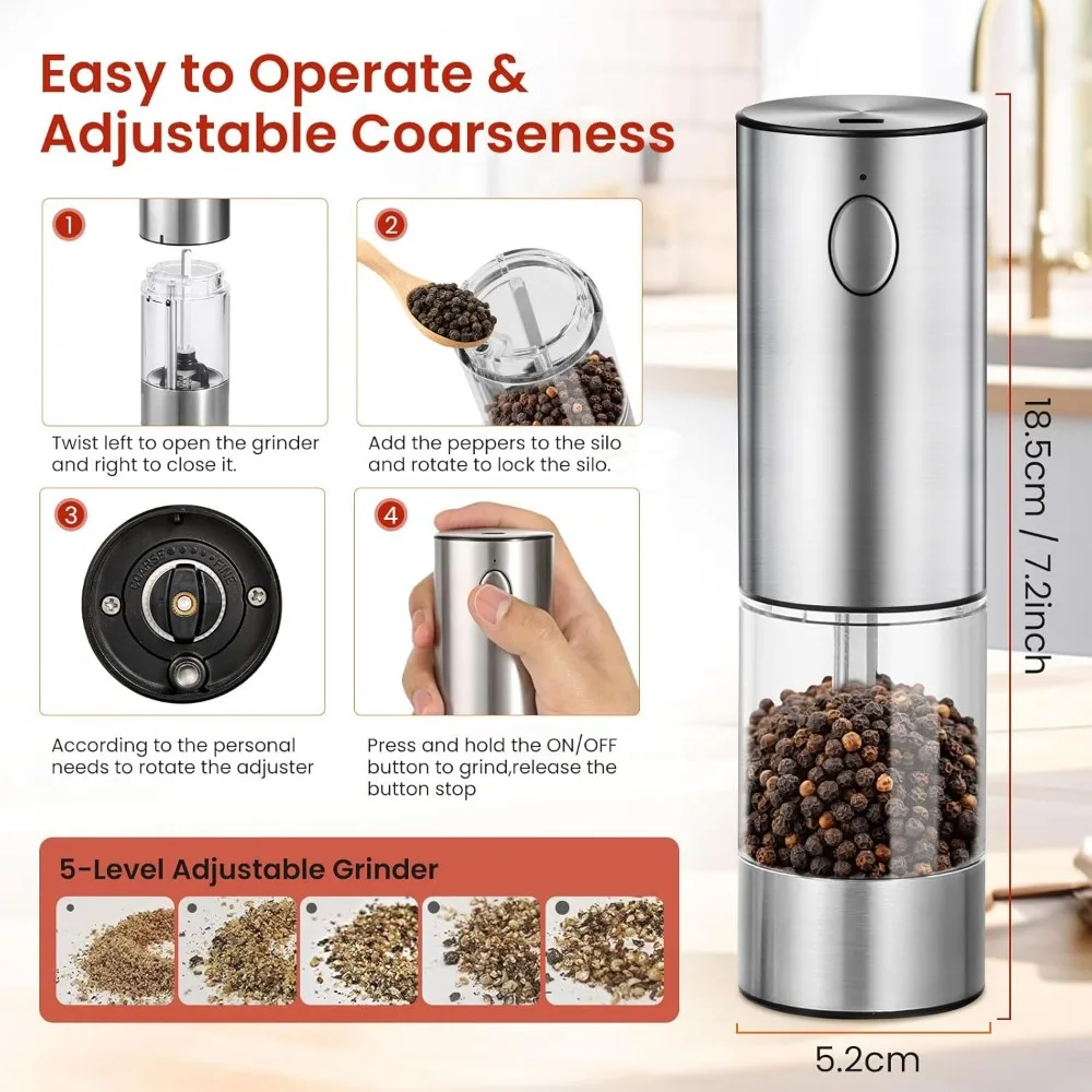 Electric Salt and Pepper Grinder Set, with Ceramic Grinder, 6 Adjustable Coarseness, LED Light & Stainless Steel. 2 Packs