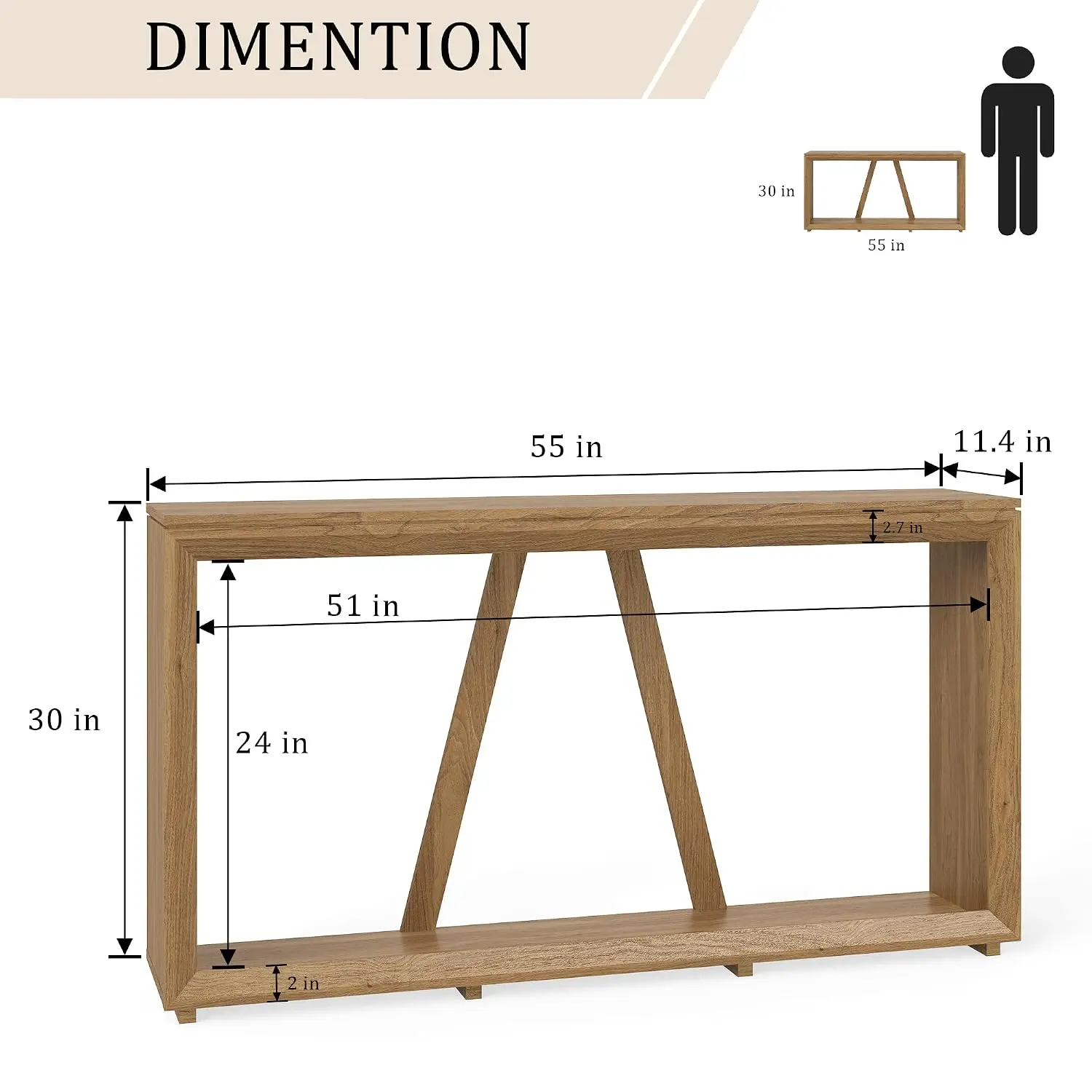 55-Inch Wooden Console Table for Entryway & Living Room, Vintage Oak Hallway Sofa Table, Customized view 2
