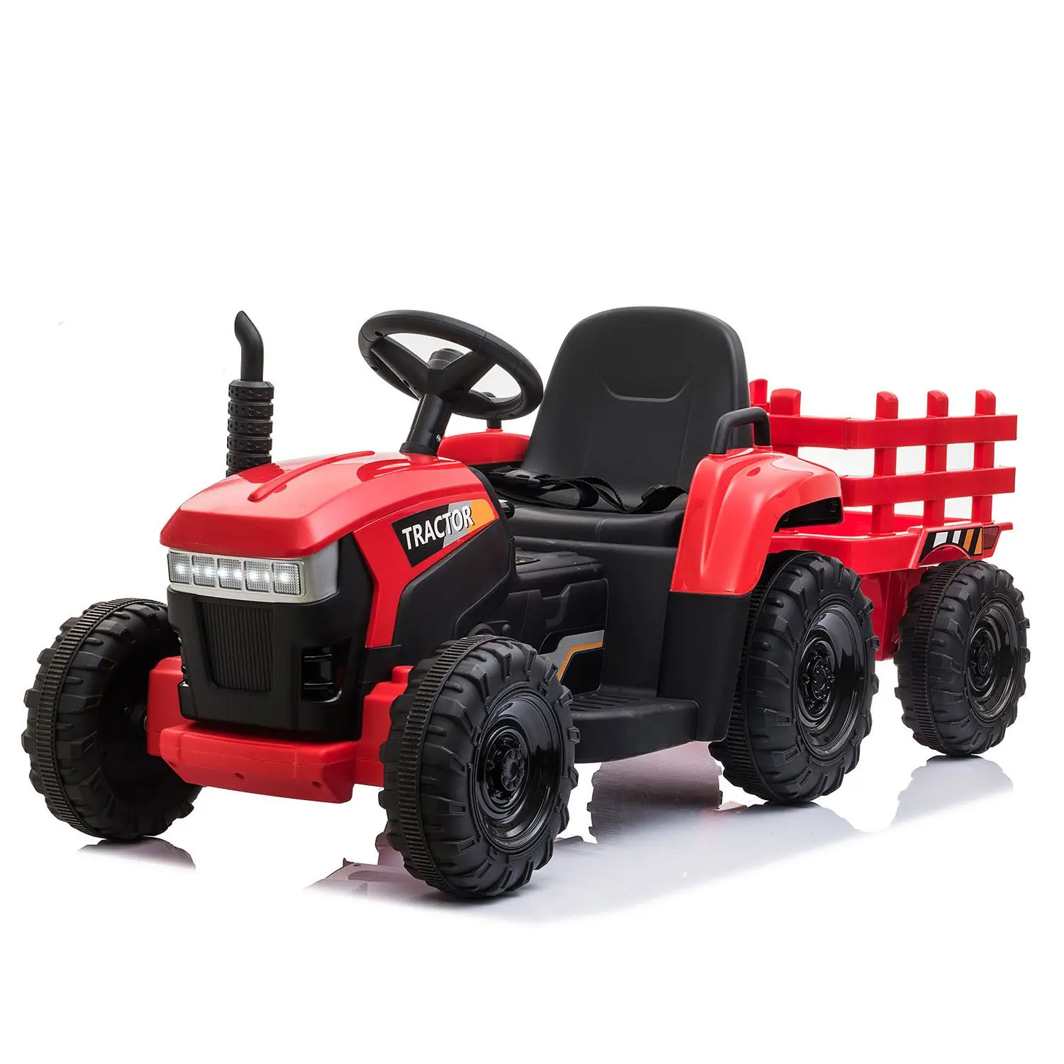 12V Kids Ride On Tractor with Trailer, Battery Powered Electric Car w/ Music, USB, Music, LED Lights, Vehicle Toy